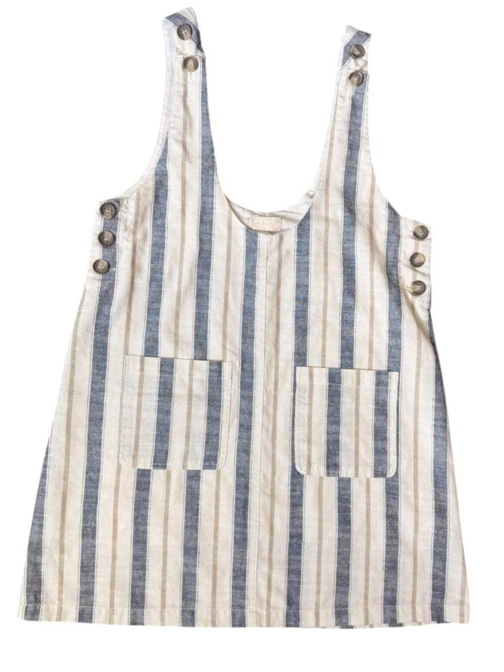 Striped Linen Pocket Button Detail Pinafore - Blue & Cream Women’s Large